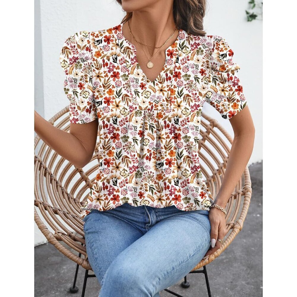 Women’s Puff Sleeve V Neck Summer Top Casual Blouse Light & Flowy - Picture 5 of 6